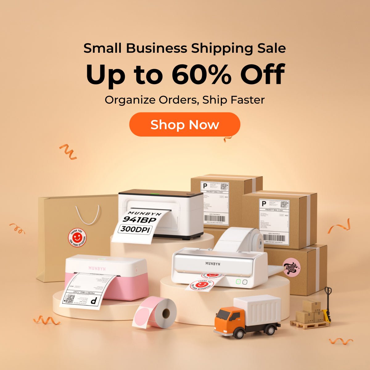 MUNBYN thermal label printer arranged in a bright small-business workspace