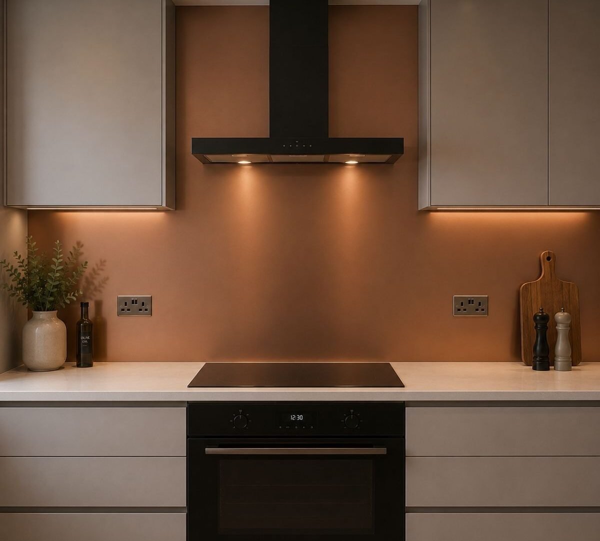 Kitchen interior showing a splashback coordinated with surrounding finishes