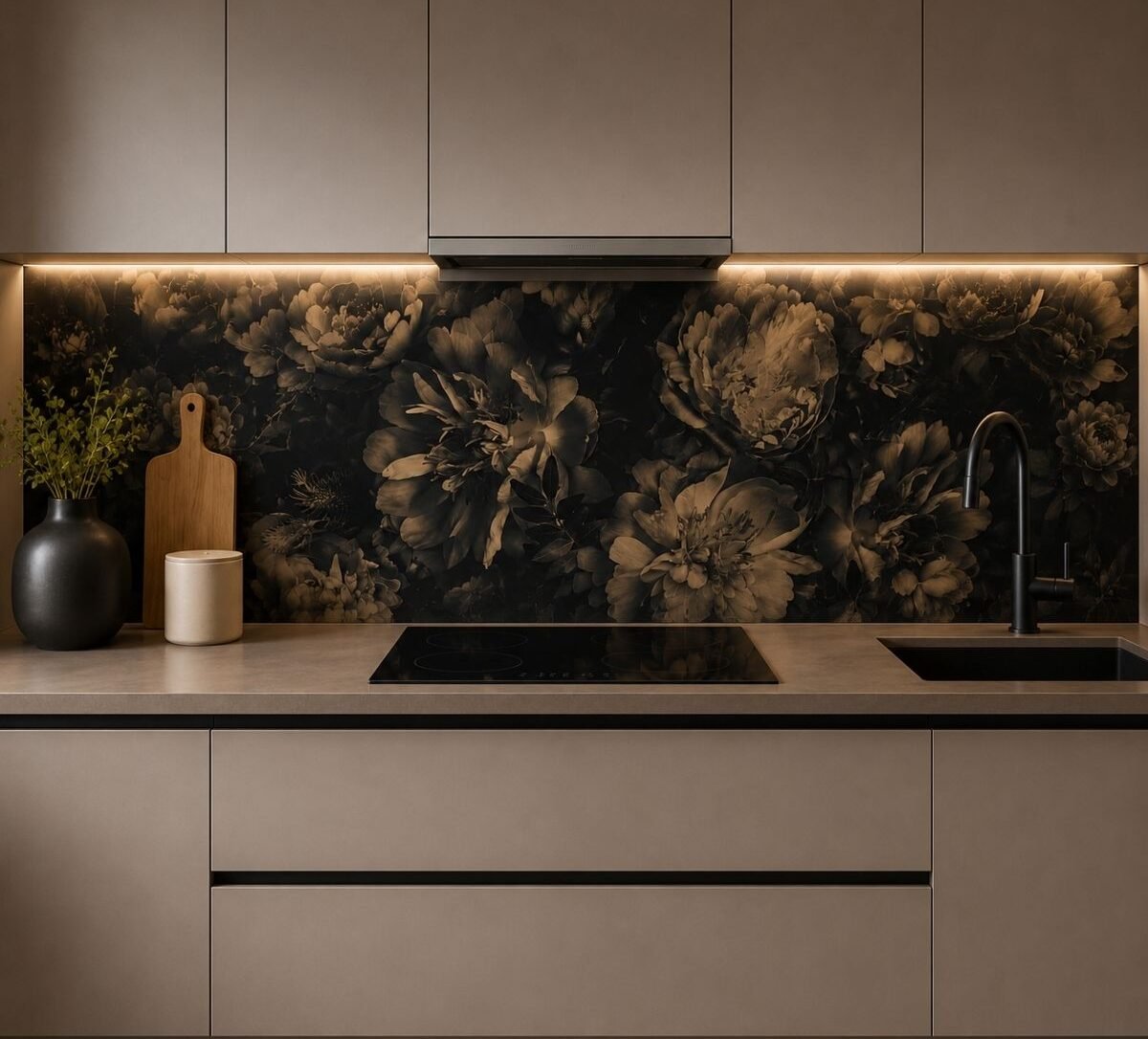 Modern kitchen with a coordinated splashback and worktop palette